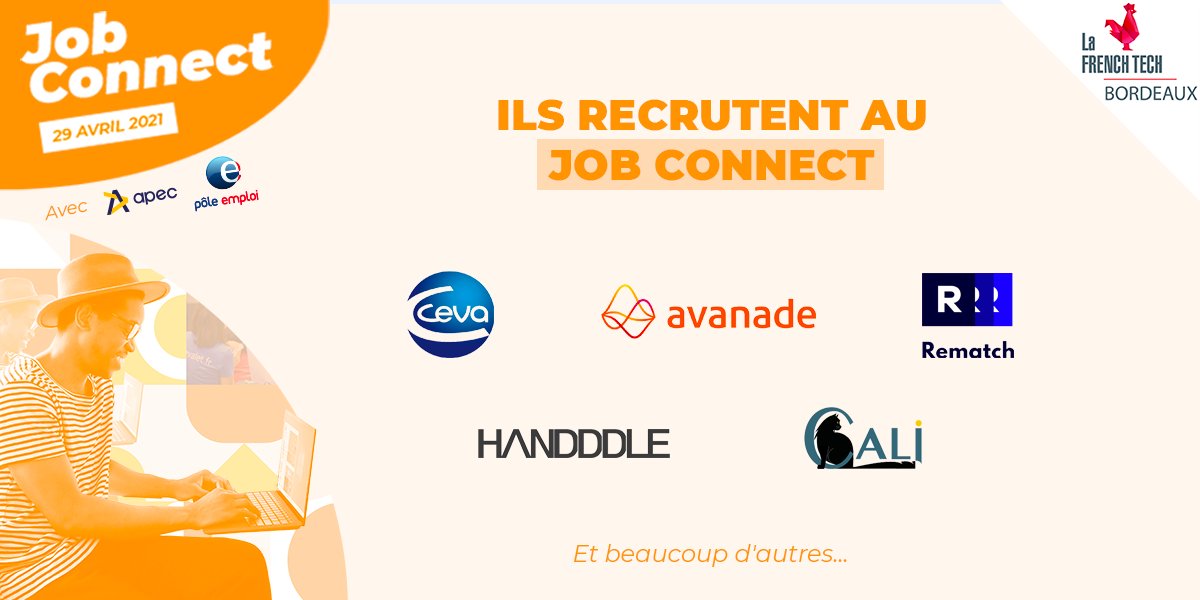 French Tech Bordeaux (@frenchtechbdx) on Twitter photo 📢 Vous cherchez un #job dans la #tech à #Bordeaux ou en <a href="/NvelleAquitaine/">Nouvelle-Aquitaine</a> ? 🧐
Participez au #JobConnect et rencontrez <a href="/Ceva_France/">Ceva France</a>, @AvanadeFrance, <a href="/Rematch_Sport/">Rematch</a>, <a href="/handddle/">Handddle</a>, Cali et beaucoup d'autres... 🔥
Partez à la découverte de votre futur job 👉 bit.ly/3wThl29 📢 Vous cherchez un #job dans la #tech à #Bordeaux ou en <a href="/NvelleAquitaine/">Nouvelle-Aquitaine</a> ? 🧐
Participez au #JobConnect et rencontrez <a href="/Ceva_France/">Ceva France</a>, @AvanadeFrance, <a href="/Rematch_Sport/">Rematch</a>, <a href="/handddle/">Handddle</a>, Cali et beaucoup d'autres... 🔥
Partez à la découverte de votre futur job 👉 bit.ly/3wThl29