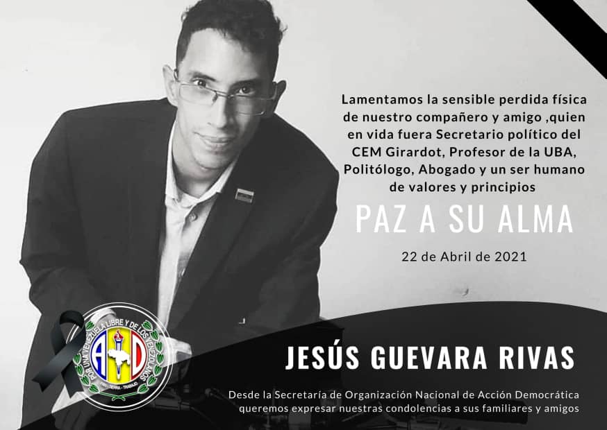 Desde la Secretaría de Organización Nacional de <a href="/ADemocratica/">Acción Democrática</a> lamentamos el sensible fallecimiento de nuestro compañero y amigo Jesús Guevara Rivas. Nuestras sentidas palabras de condolencias con sus familiares y amigos. Paz a su alma