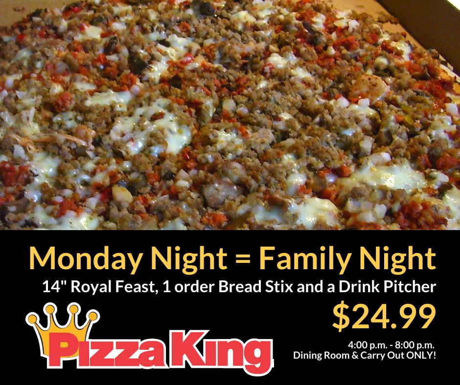 No matter how you slice it, Monday Night is Family Night at all #PizzaKing locations! #familynight #Ilovepizzaking #ringtheking