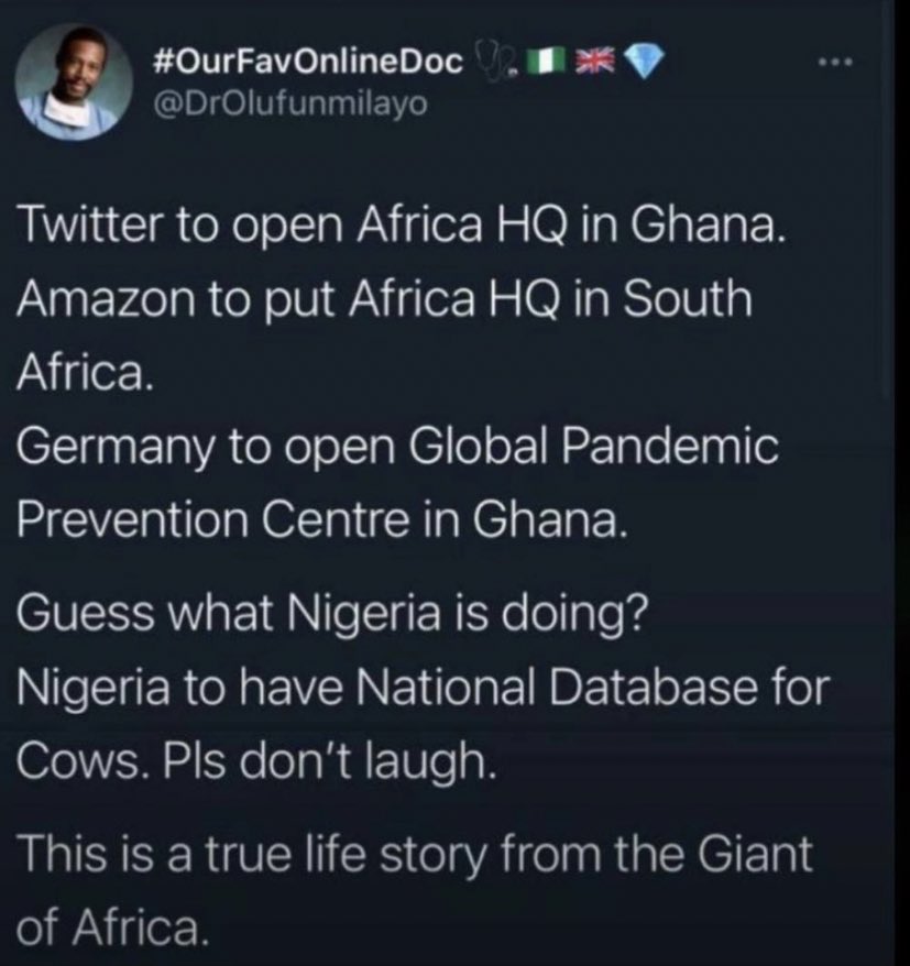 This is part of what one is saying. See selections from elsewhere, vs selection from NigeriaWhat happened to citing the Microsoft Engineering Center ( @MicrosoftADC) in Lagos, or the largest genomics research center in Africa ( @acegid)—or FB’s first Engineering Office in Africa?