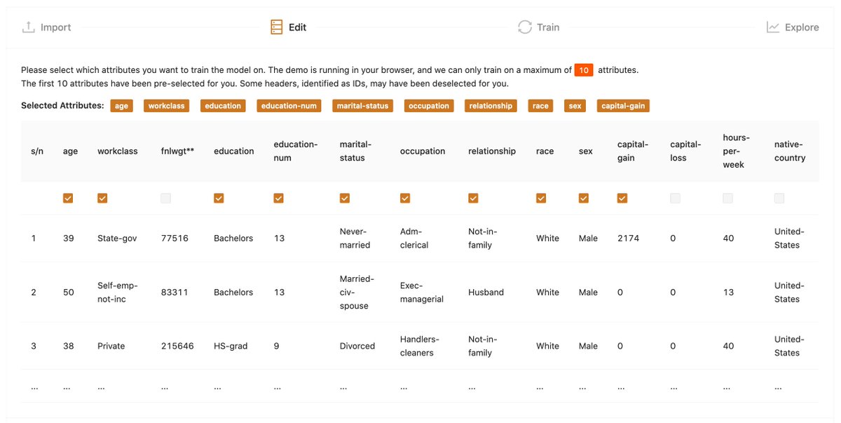 Finally, the gem: you can upload your own datasets (as CSV files) and your phone or computer will silently crush numbers and train our model in real-time using Fortran code ported to Javascript.  (9/n)