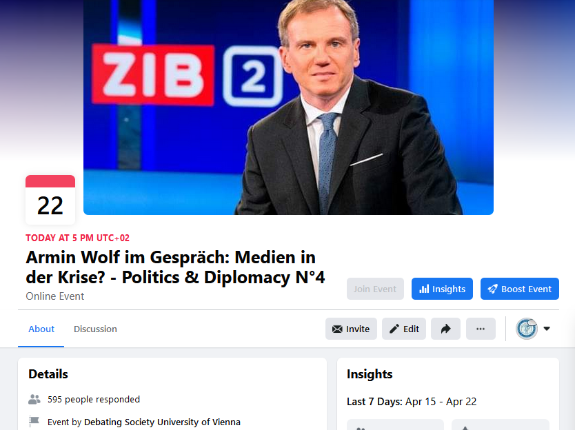 Heute um 17:00 kommt Armin Wolf für eine Diskussion zum Thema "Medien in der Krise?" vorbei - nicht verpassen! 
Der Zoom-Link findet sich in der Facebook Veranstaltung: fb.me/e/df7WSh6Gb