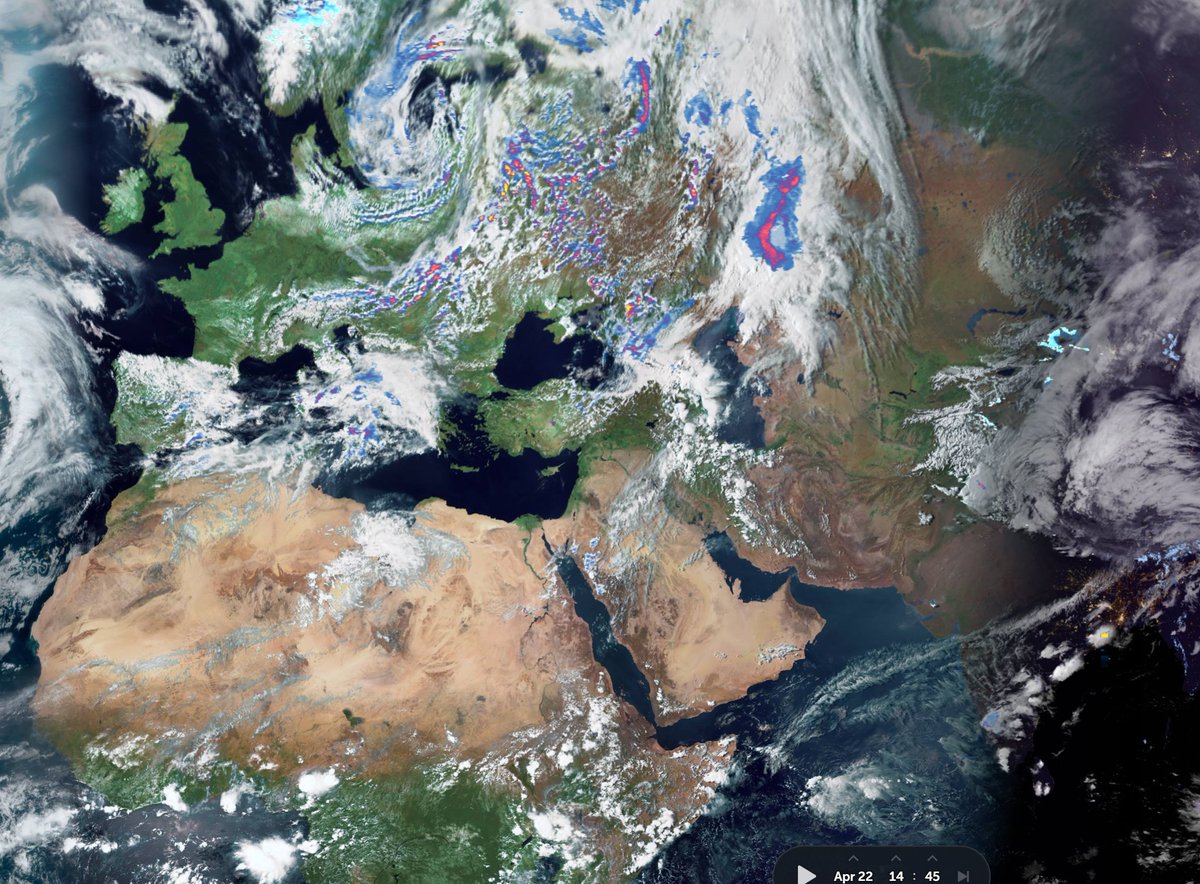  #DesertRain  #ArabianStorms  #Ethiopa  #Sahara  #Russia  #Europe Special Satellite Images Report:Here will find a series images of rain events currently underway in deserts in the East of the Western Hemisphere, as the sun goes down on  #EarthDay  .Credits  @zoom_earth  @meteoblue