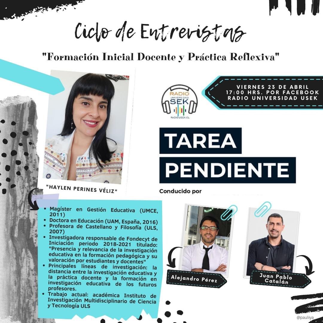 Esta semana continuamos con nuestro #CicloDeEntrevistas donde seguiremos abordando temáticas de #Educación En este capítulo nos visita Haylen Perines Véliz, Doctora en Educación y Magíster en Gestión Educativa.

Este viernes 23 desde las 17 hrs. no te pierdas Tarea Pendiente