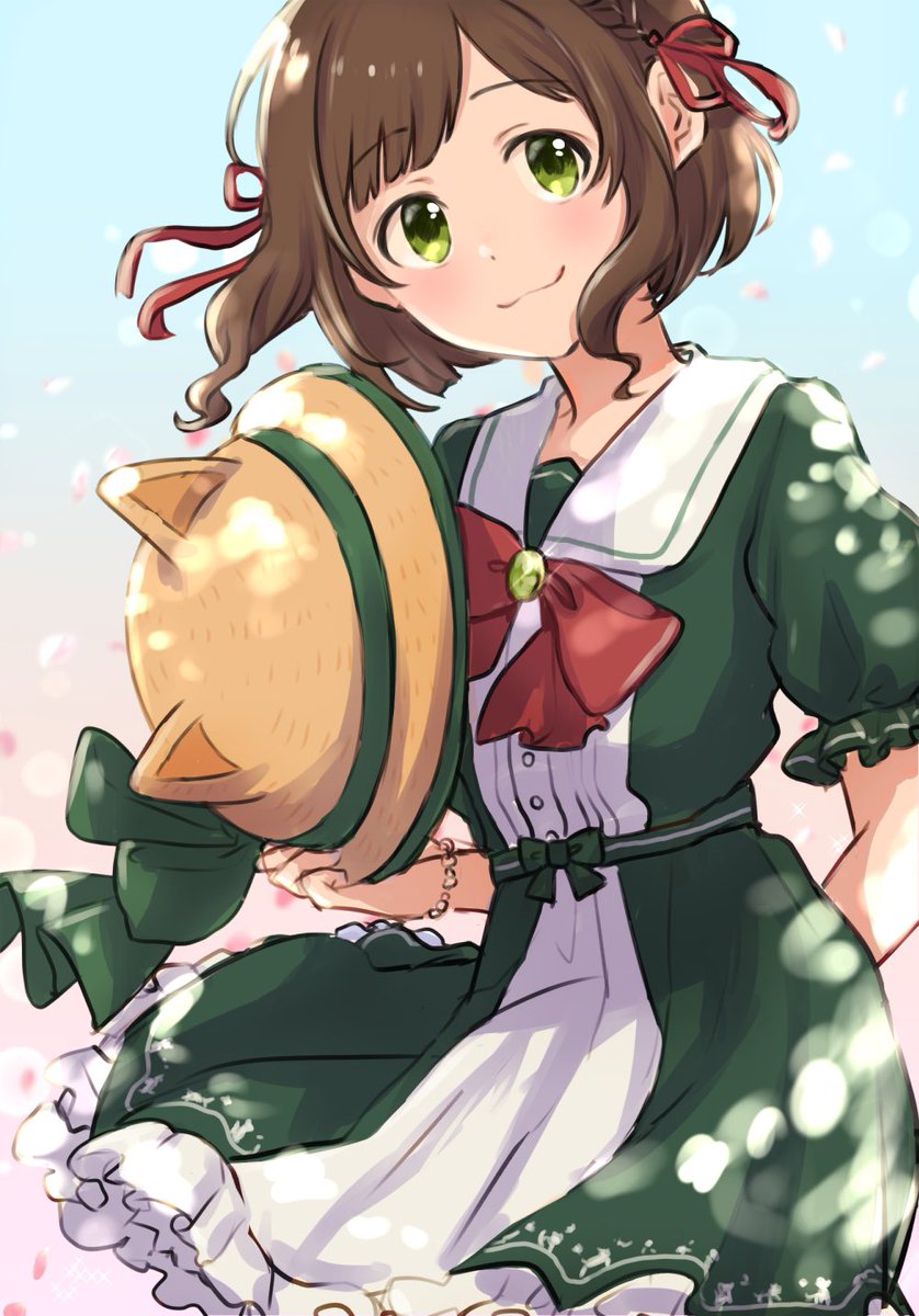 maekawa miku 1girl solo green eyes dress hat brown hair holding hat  illustration images