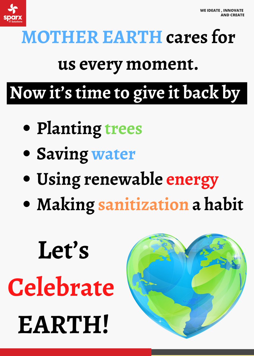 TeamSparxIT's tweet photo. Let us mark our words of tribute to Mother Earth on this Earth Day π.
Climate change is real & we tend to take small or major initiatives to restrain its deficit.
#SparxITSolutions #DigitalSolutionProvider #EarthDay https://t.co/uhItIuvpns