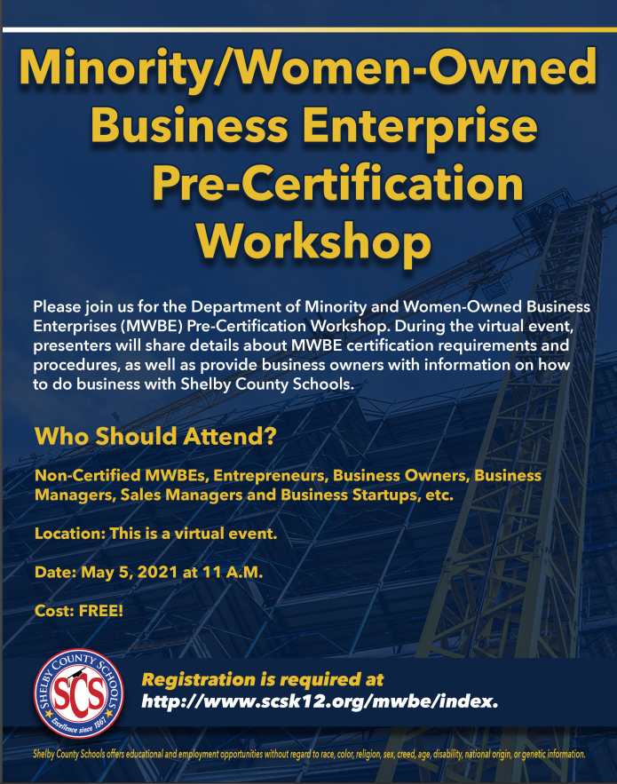 Memphis-Shelby Co. Schools (@mscsk12) on Twitter photo The <a href="/SCSMWBE/">SCS Minority & Women-Owned Business Enterprises</a> (MWBE) invites our business community to re-certification workshop on May 5 at 11 a.m.
Register for the event at scsk12.org/mwbe/index. The <a href="/SCSMWBE/">SCS Minority & Women-Owned Business Enterprises</a> (MWBE) invites our business community to re-certification workshop on May 5 at 11 a.m.
Register for the event at scsk12.org/mwbe/index.