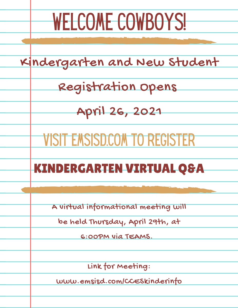 Attention future Copper Creek Cowboys!

Kindergarten Virtual Information Meeting
Thursday, April 29th
6:00pm

Link for Meeting:
emsisd.com/CCESkinderinfo

#CopperCreekCowboys