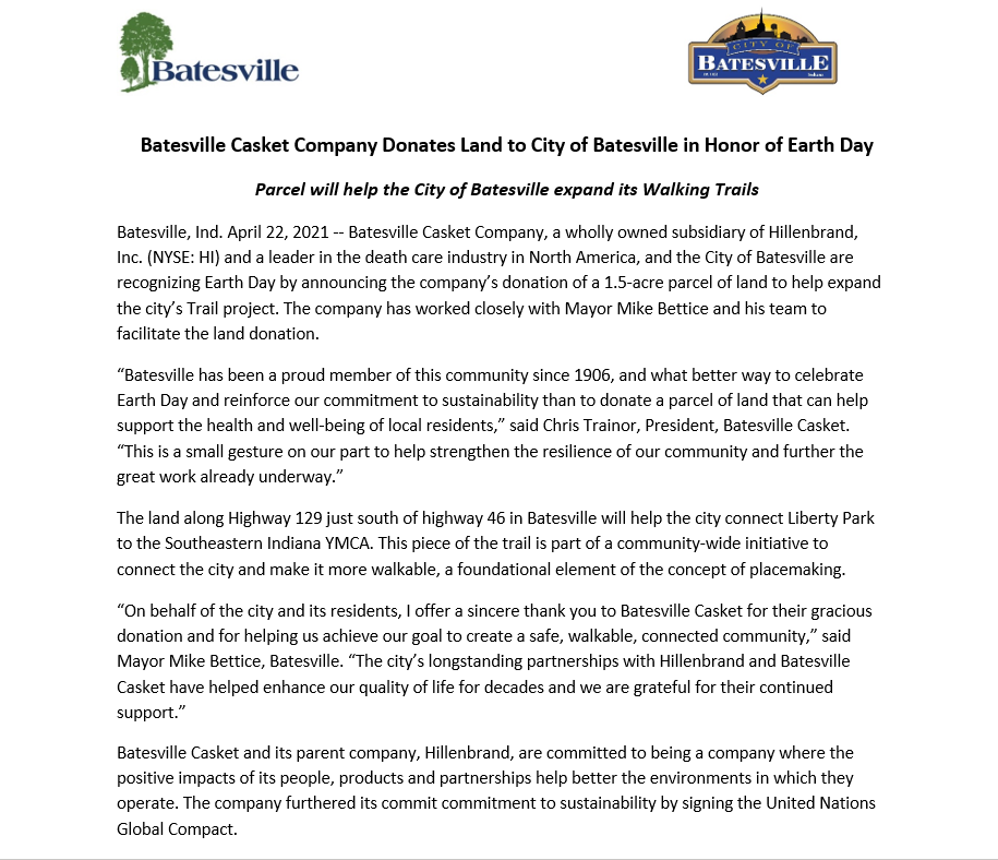 Batesville Casket Company is celebrating Earth Day by announcing their donation of a 1.5-acre parcel of land to the City of Batesville for the city’s Trail project! @HillenbrandInc