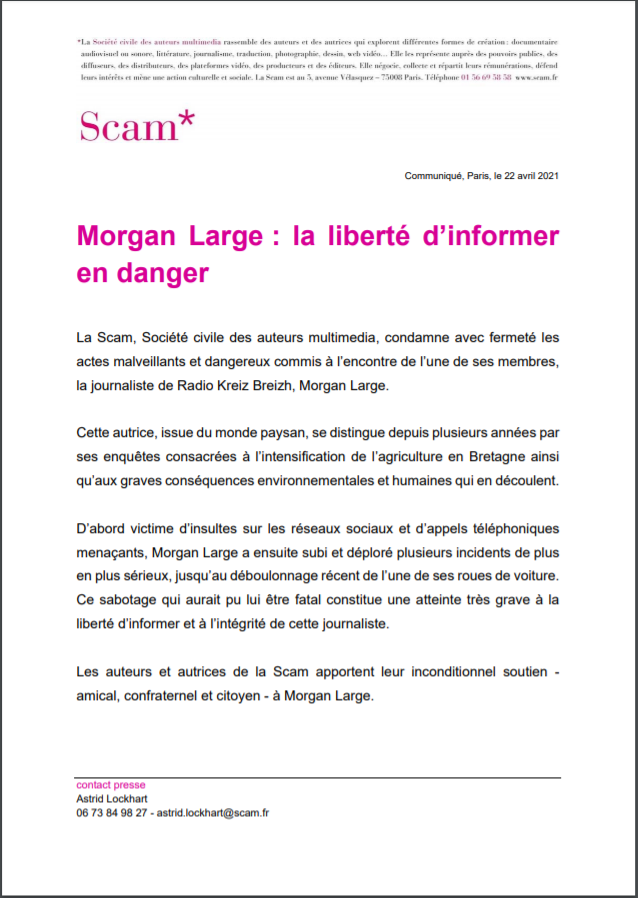 webscam's tweet photo. 📣Communiqué I La liberté d’informer en danger
Soutien total à #MorganLarge ! La Scam condamne avec fermeté les actes malveillants et dangereux commis à l’encontre de la journaliste de Radio Kreiz Breizh. cc @MorganRkb @RKBradio
👉https://t.co/0rsFi9aGgD https://t.co/l6uwWhDWl9