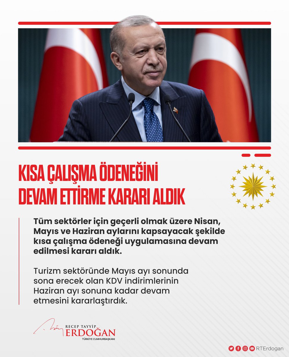 Tüm sektörler de Nisan, Mayıs, Haziran aylarını kapsayacak #KısaÇalışmaÖdeneği uygulamasına devam etme kararı👏🏻 

Çalışanlarımız ve işverenlerimiz için hayırlı olsun🤲🏻

#HükümetMilletininYanında