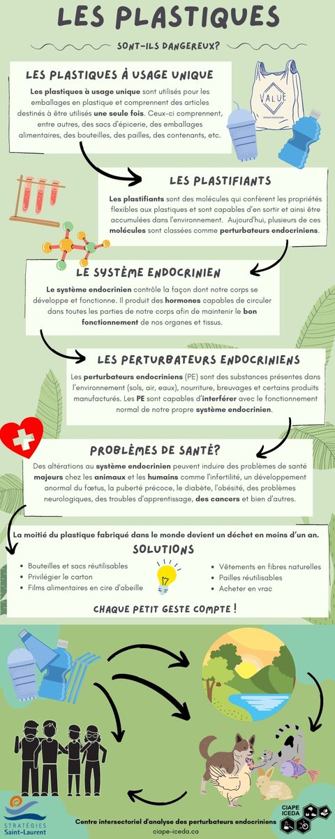 🌎🌱 Pour souligner le #JourdelaTerre, notre comité étudiant a réalisé cette fiche informative à propos des plastiques à usage unique et les perturbateurs endocriniens. Merci à @strategiessl pour cette idée. Restez à l'affût pour notre prochaine fiche sur les espèces aquatiques!