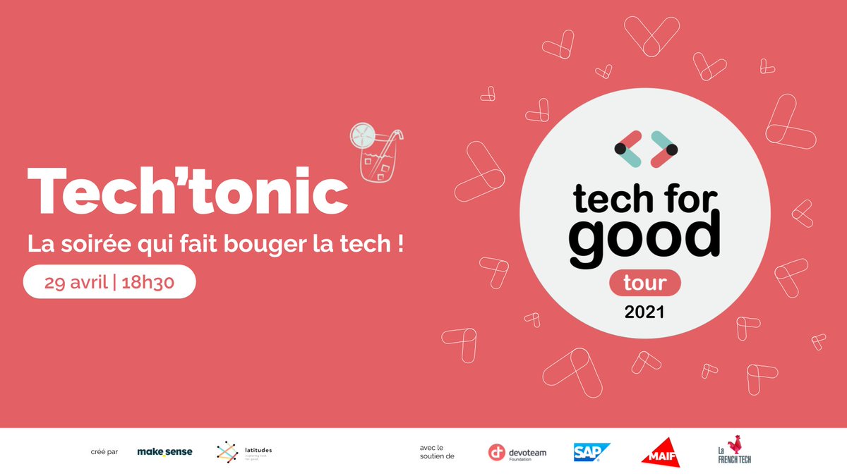 🍹 Tu veux saisir les enjeux de la #TechForGood ? 
Viens aux Tech'tonic, LA soirée qui fait bouger la #technologie !

📍  Rejoins-nous le 29 avril de 18h30 à 20h en ligne juste ici : bit.ly/TFGT21-TechTon…

Soutenu par <a href="/LaFrenchTech/">La French Tech</a> <a href="/MAIF/">MAIF</a> <a href="/sap4good/">SAP4Good</a> <a href="/Devoteam/">Devoteam</a>