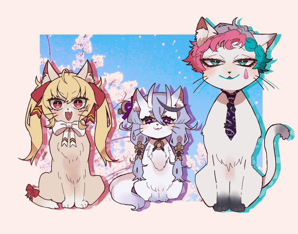 multiple girls animal ears twintails sitting simple background cat ears white background  illustration images