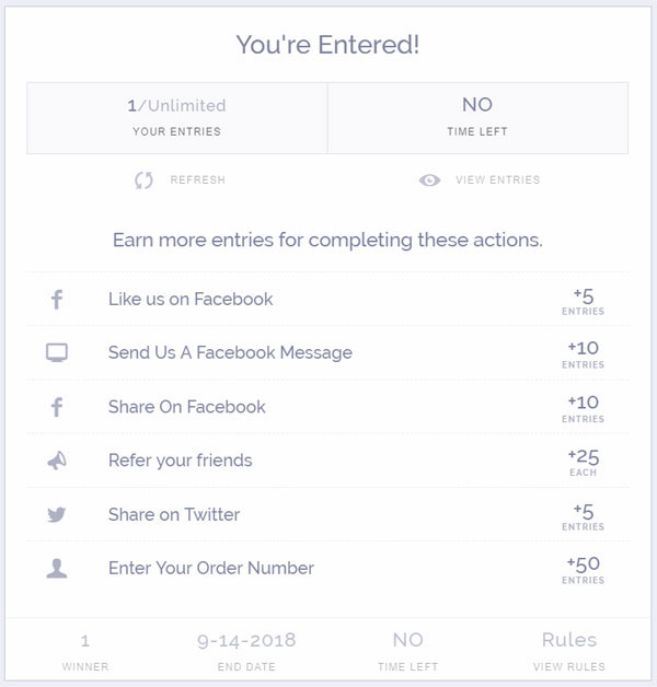Step 2) Set up GiveawayUse a tool like ViralSweep to do this.In this example, additional contest entries can be earned when people share your giveaway on socials.The ability to earn bonus entries for shares will get a ton of eye balls on your giveaway (might even go viral!)