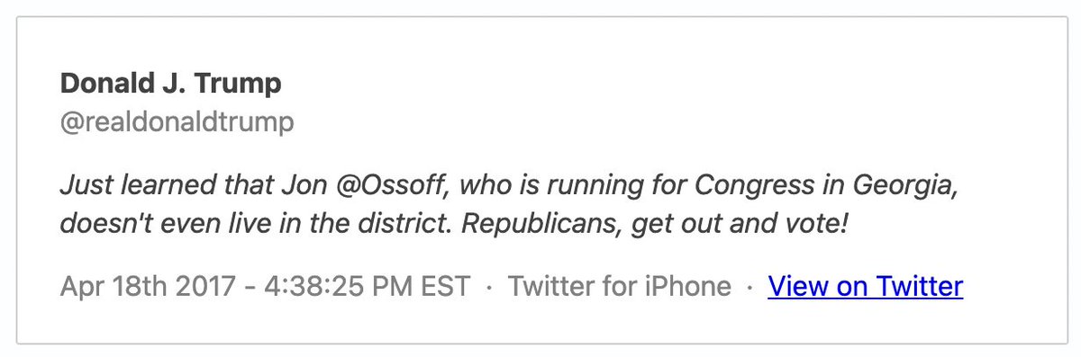 Remember when Donald Trump attacked Jon Ossoff for not living in the sixth Congressional District in Georgia? https://t.co/0DItuuPehI
