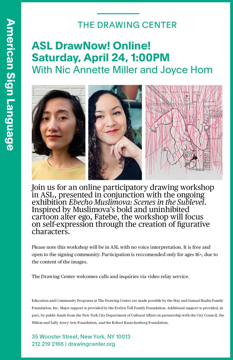 SignNexus's tweet image. Upcoming FREE #ASL event @drawingcenter online participatory drawing workshop in American Sign Language this Saturday, April 24 at 1pm EDT [Register: drawingcenter.org/programs/drawn… ]