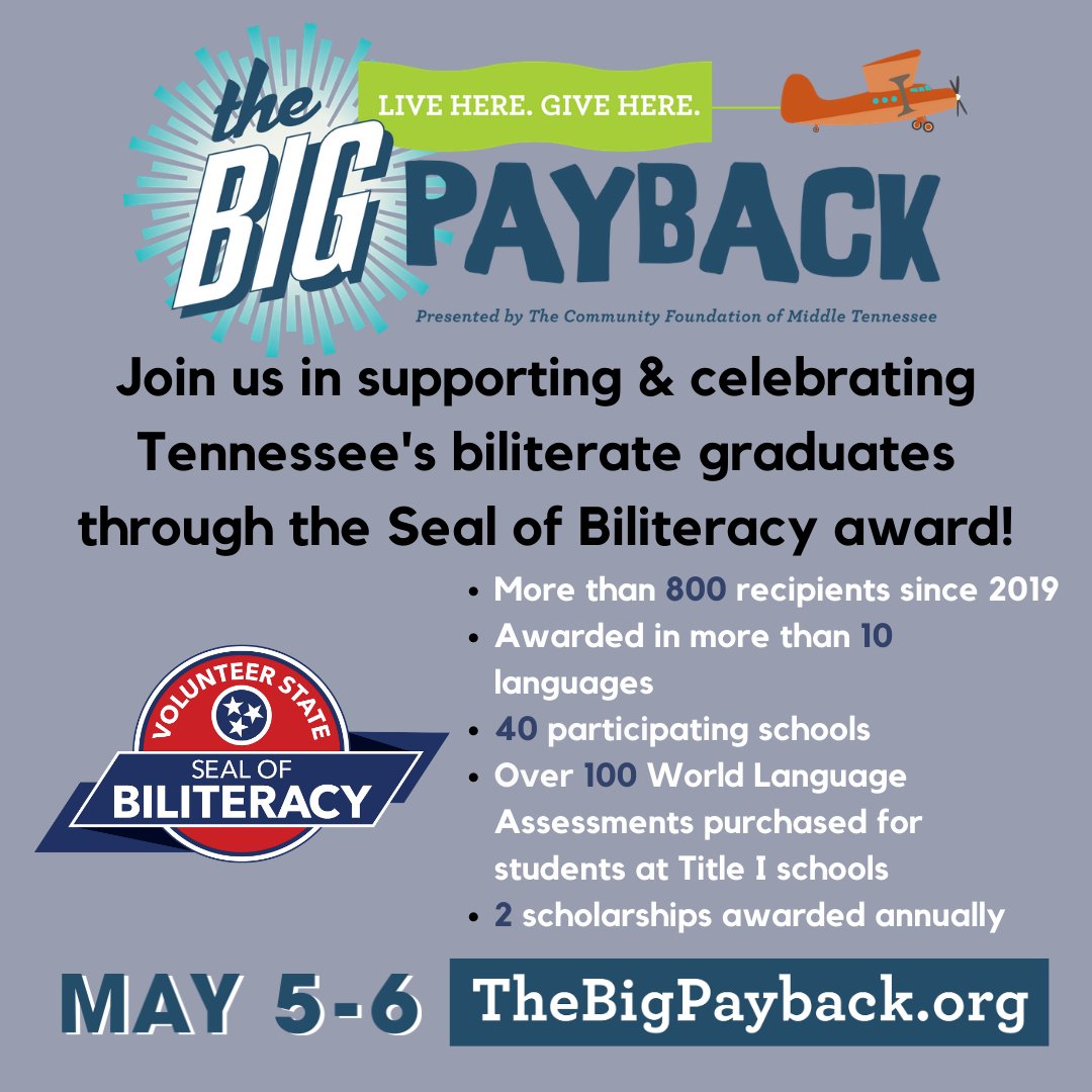 Volunteer State Seal of Biliteracy (@volstateseal) on Twitter photo Save the Date! A little can go a long way when we come together to give together during the #BigPayback! Support our work on May 5-6 at TheBigPayback.org/volunteerstate…!
<a href="/tnedu/">TN Dept of Education</a> <a href="/SBEd_TN/">TN State Board of Education</a> <a href="/tntesol/">TNTESOL</a> <a href="/TFLTA/">طفلة البريئة</a> <a href="/ut_tlc/">Tennessee Language Center</a> <a href="/EdTrustTN/">EdTrust-Tennessee</a> <a href="/TLACC/">TN Latin American Chamber of Commerce</a> <a href="/BiliteracySeal/">Seal of Biliteracy</a> <a href="/TNHigherEd/">Tennessee Higher Education Commission</a> <a href="/TNChamber/">Tennessee Chamber of Commerce & Industry</a> <a href="/TCASN/">TN College Access & Success Network</a> <a href="/conexion_tn/">Conexión Américas</a> Save the Date! A little can go a long way when we come together to give together during the #BigPayback! Support our work on May 5-6 at TheBigPayback.org/volunteerstate…!
<a href="/tnedu/">TN Dept of Education</a> <a href="/SBEd_TN/">TN State Board of Education</a> <a href="/tntesol/">TNTESOL</a> <a href="/TFLTA/">طفلة البريئة</a> <a href="/ut_tlc/">Tennessee Language Center</a> <a href="/EdTrustTN/">EdTrust-Tennessee</a> <a href="/TLACC/">TN Latin American Chamber of Commerce</a> <a href="/BiliteracySeal/">Seal of Biliteracy</a> <a href="/TNHigherEd/">Tennessee Higher Education Commission</a> <a href="/TNChamber/">Tennessee Chamber of Commerce & Industry</a> <a href="/TCASN/">TN College Access & Success Network</a> <a href="/conexion_tn/">Conexión Américas</a>
