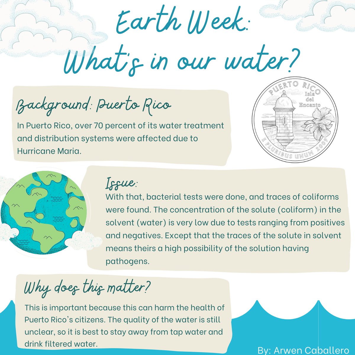 ArwenC_nthc's tweet photo. This week is Earth Week!! In order to celebrate this, I will be spreading awareness by talking about the topic "What's in our water?" in Puerto Rico. #CCEW #EarthDay2021 #NewTechCelebratesEarthWeek #PuertoRico https://t.co/1Y7i0QBZ1i