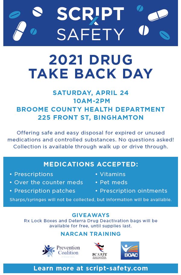 BroomeCountyOFA's tweet photo. This Saturday, April 24, is National Prescription Drug Take Back Day. If you have unused/unwanted medications, you may safely and securely dispose of them at one of the listed locations. https://t.co/8WzJVcssfc