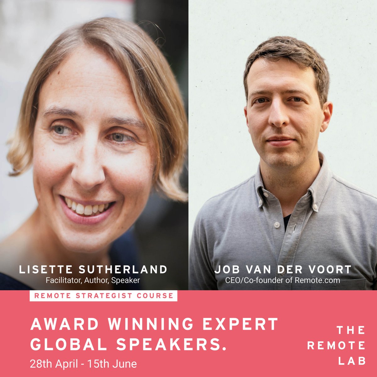 More amazing people to learn from!! This time, Lisette Sutherland (<a href="/lightling/">elizabeth</a>) and Job van der Voort (<a href="/Jobvo/">Job</a>)

Do not miss out on this course in collaboration with <a href="/hyperisland/">Hyper Island</a>.  Sign up here: remotelab.io/course-item/re…

or learn more here: linkedin.com/feed/update/ur…