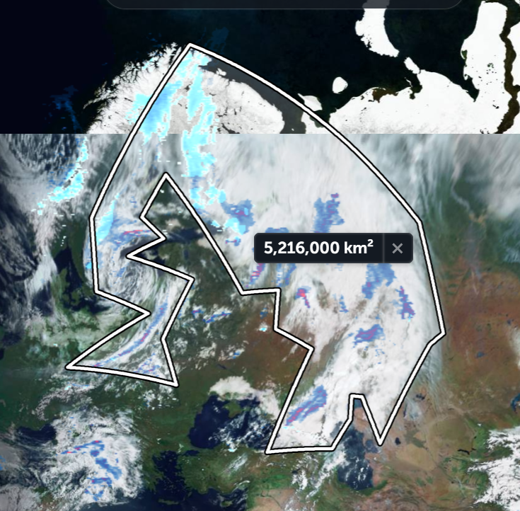 This huge northern storm extends into the Arctic. Its 5.2 mn sq km size puts it between India (3.3 mn) and Australia (7.7 mn) in size and it is forecast to drop lots of rain and snow over Russia, East Europe, Scandinavia & the Kazakhstan desert this week.