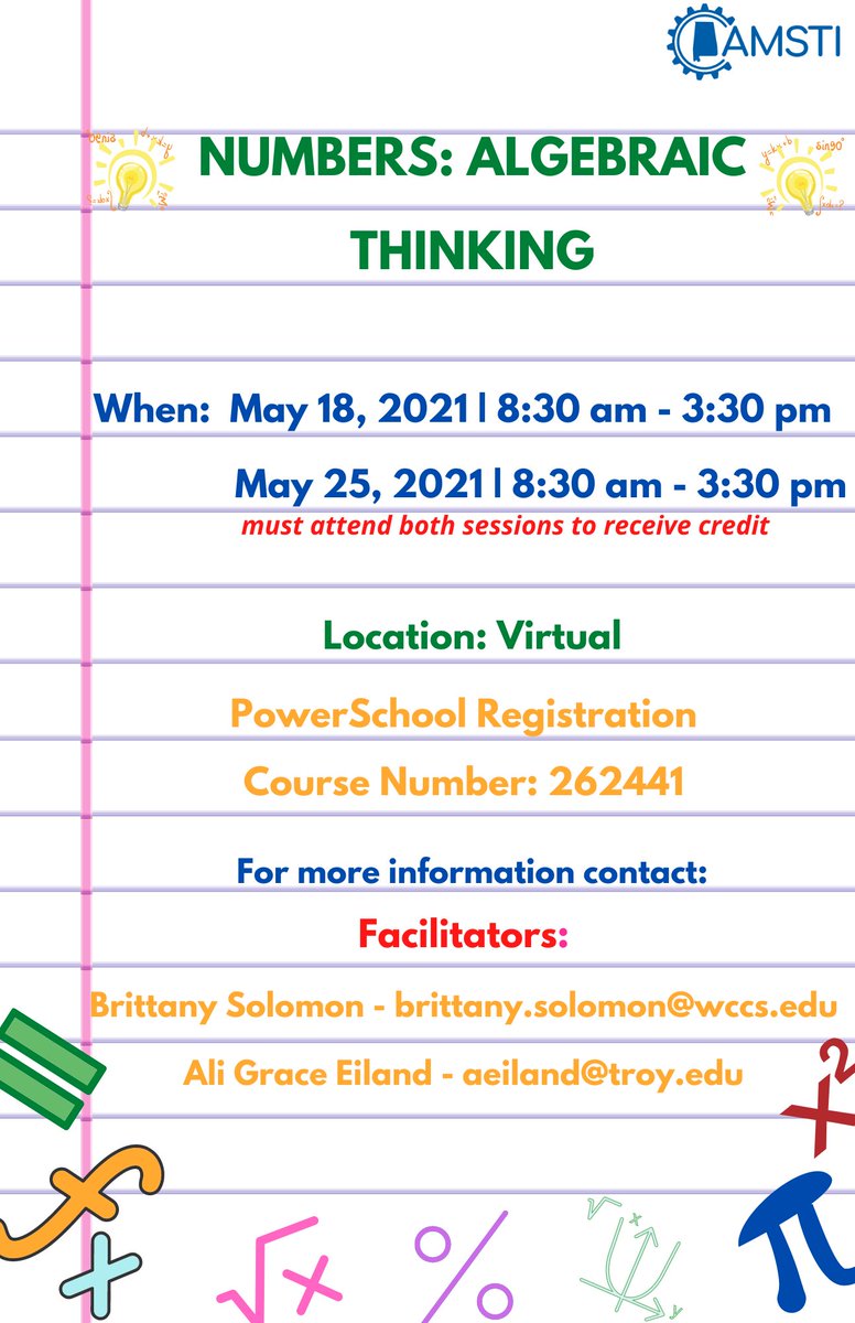 AMSTIWCCS_ASU's tweet photo. 📣Calling all 6-12 Math Teachers. Please join @AMSTIWCCS_ASU & @AMSTITroyU for Numbers: Algebraic Thinking. We hope to see you there.
#region8movingonup #amstiwccs #amstitroy #amsti4all
@sledwell @drjamesmitchell https://t.co/xGJovTOr0i