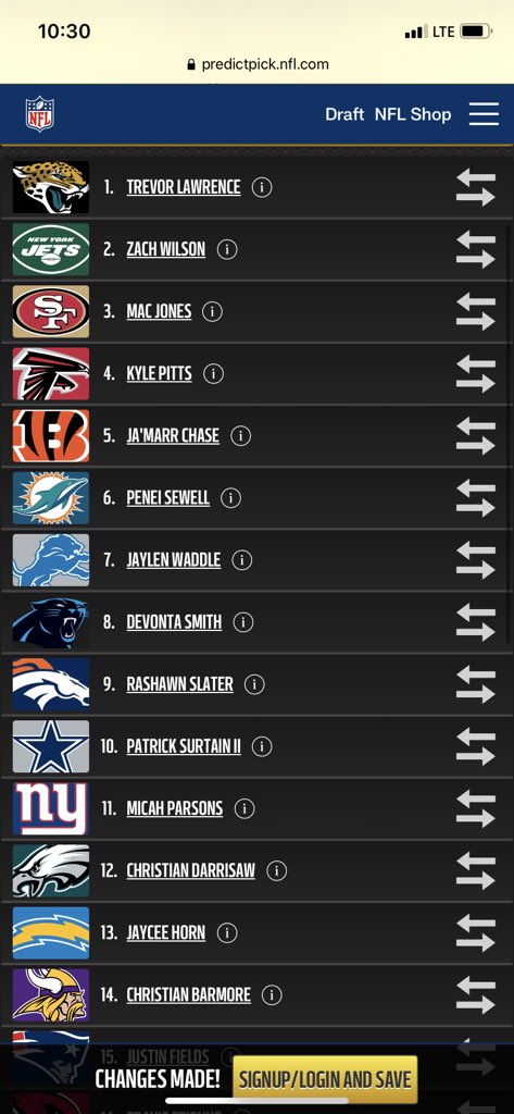 Flizz13's tweet photo. @AdamFarinato I like your predictions, but I really think they take Mac Jones at 3. I think the 49ers think he can be a game manager right away, that shook things up for the rest of my picks lol https://t.co/jW7DxndB7B