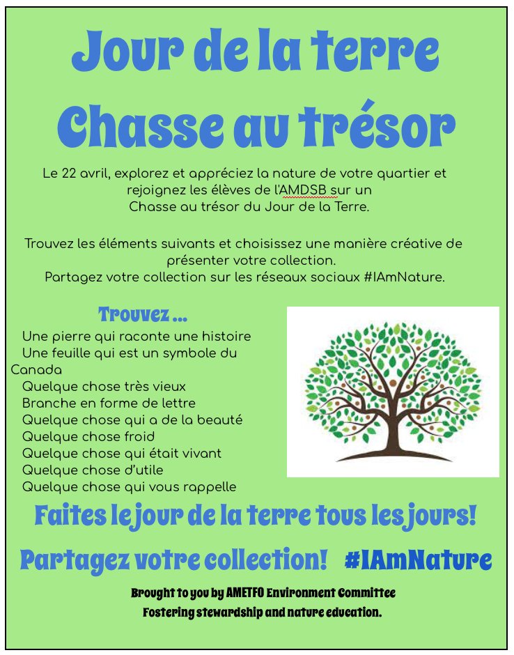Hey AMDSB teachers, Celebrate Earth Day with your students and get them into Nature!  Check out AMETFO Enviro Committee's E.D. Scavenger Hunt #iamnature #ametfo @AvonMaitETFO  @yourschools