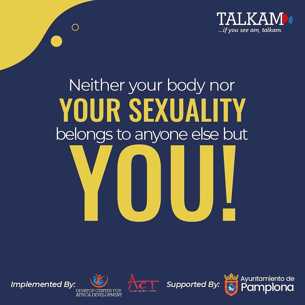 talkamm's tweet photo. Neither your body nor your sexuality belongs to anyone else but you
With Talkam App (https://t.co/I3MVNd84MQ), you can report Human Trafficking and Gender-based violence.
#Talkam is supported by @Pamplona_ayto and @ACTrata
#Devatop
#ATIPSOM
#NAPTIP
#TheICIR https://t.co/bEjUhcLPkp