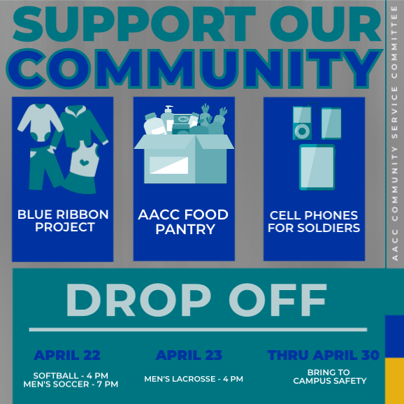 Support Our Community! Bring donation items to any home game this week.

• canned vegetables
• canned protein (chicken/tuna)
• gluten/wheat free items

• new clothes for kids ages 0-18.

• used cell phones, tablets, and MP3 players.

<a href="/aaccsoftball/">Riverhawks Softball</a> <a href="/aaccsoccer/">AACC MENS SOCCER</a> @AACCLax
