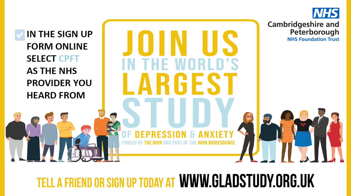 Anyone aged 16+ in the UK who has experienced #depression and/or #anxiety is invited to take part in the <a href="/GLADStudy/">GLADStudy</a> with <a href="/CPFT_NHS/">CPFT</a>:
➡️ gladstudy.org.uk
If you sign up, please say you heard about it from CPFT and retweet to share with family, friends and colleagues.