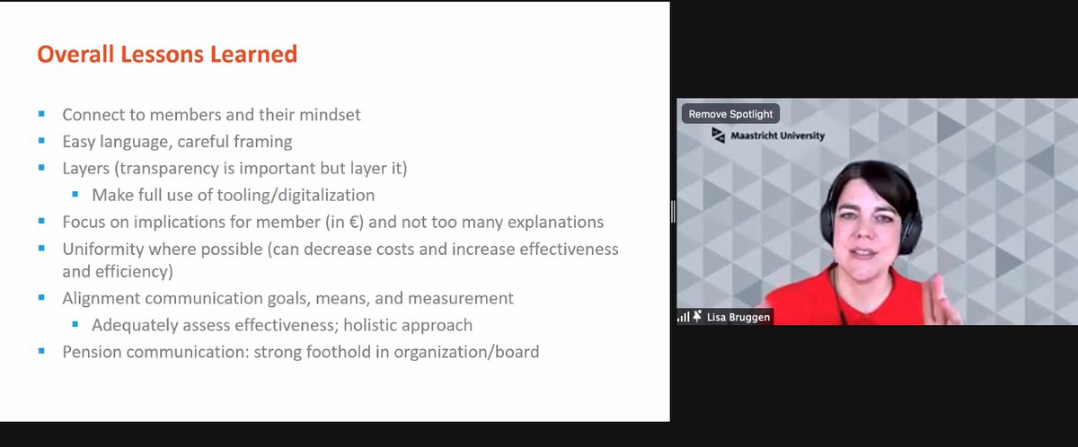 🗓️ 10th #PensionSeminar 2021
🗣️<a href="/LisaBruggen/">Lisa Bruggen</a> concludes her presentation about #pension communication in the New #PensionAgreement

Engagement is &amp; remains a challenge, to sum up some lessons on the main question:
❓ What are lessons learned from DC pension funds in NL 🇳🇱 &amp; beyond?