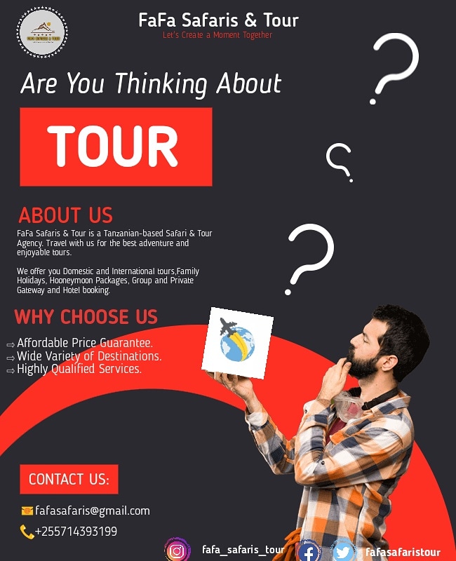 FaFa Safaris & Tour (@fafasafaristour) on Twitter photo Are you thinking about tour?
FaFa Safaris & Tour is your answer, we take you to your dream destinations.
Contact:
📞+255714393199 📧fafasafaristour@gmail.com
Follow us on Twitter & Facebook <a href="/fafasafaristour/">FaFa Safaris & Tour</a> Instagram @fafa_safaris_tour
#Tanzania #taliinasi #fafasafaristour Are you thinking about tour?
FaFa Safaris & Tour is your answer, we take you to your dream destinations.
Contact:
📞+255714393199 📧fafasafaristour@gmail.com
Follow us on Twitter & Facebook <a href="/fafasafaristour/">FaFa Safaris & Tour</a> Instagram @fafa_safaris_tour
#Tanzania #taliinasi #fafasafaristour