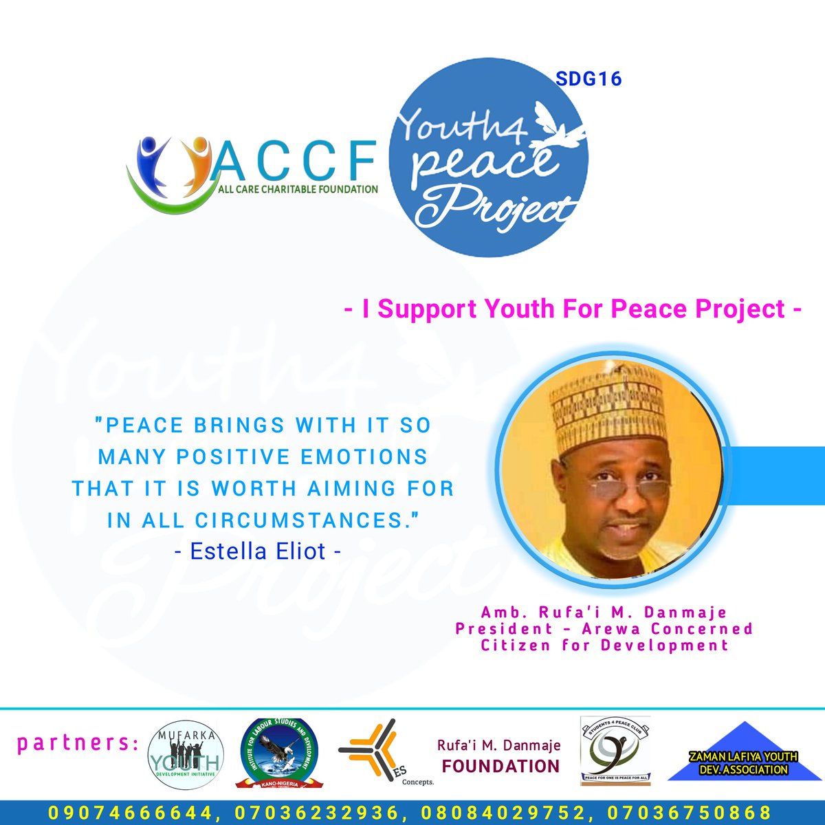 accharitablef's tweet image. We solicit to Support #YouthForPeaceProject to promote a peaceful societies. #PEACEBuilding is a duty of all.
#SDG16
@SDGaction @Connected_dev @fundforpeace @AfPeacebuilding @Jnwamson @GlobPeaceIndex