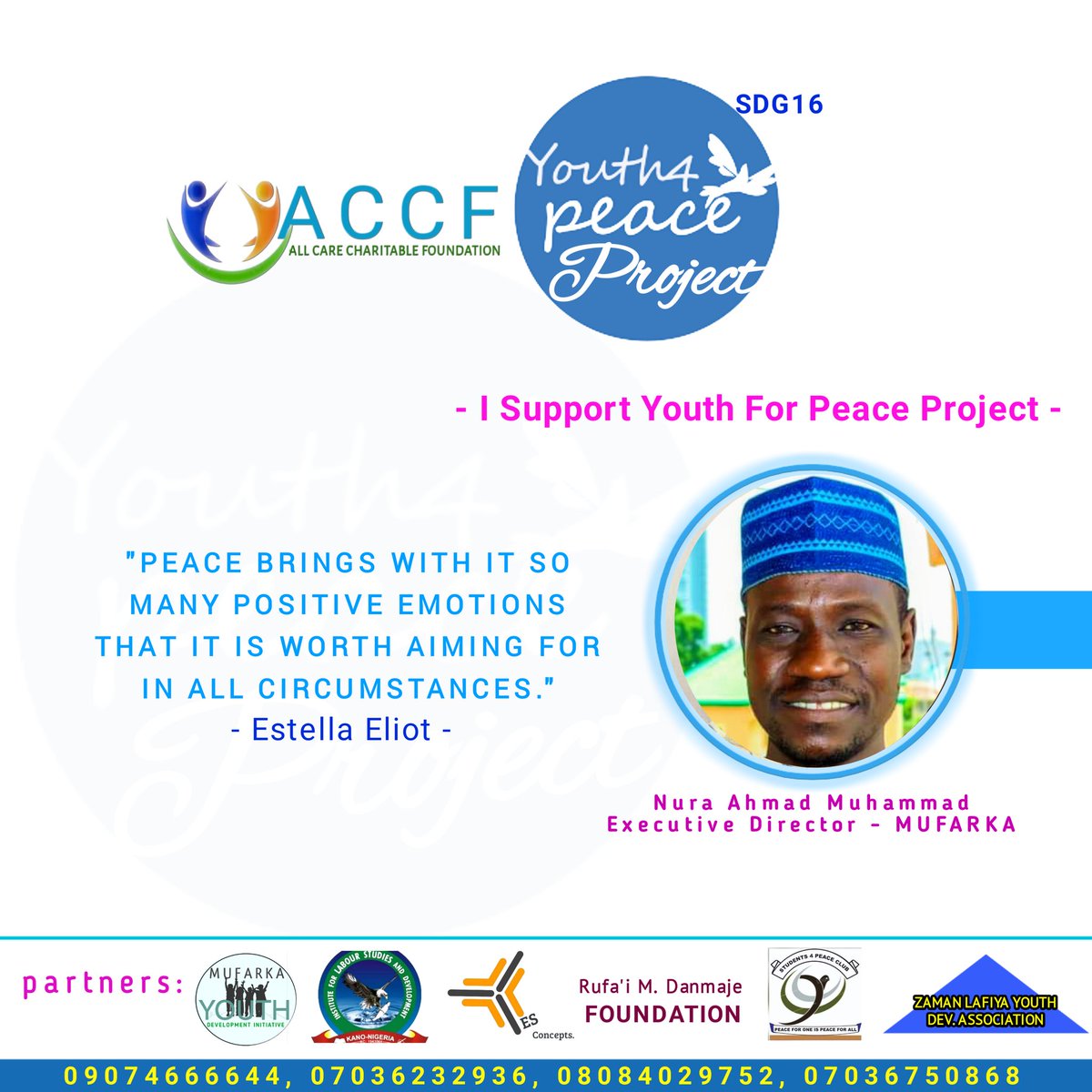 accharitablef's tweet image. We solicit to Support #YouthForPeaceProject to promote a peaceful societies. #PEACEBuilding is a duty of all.
#SDG16
@SDGaction @Connected_dev @fundforpeace @AfPeacebuilding @Jnwamson @GlobPeaceIndex