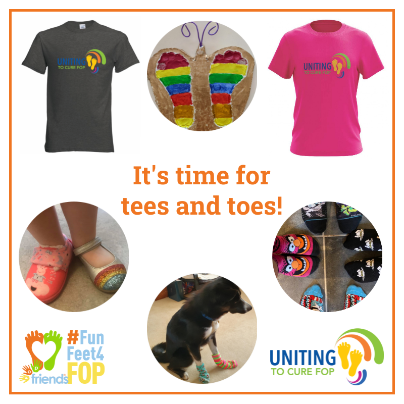 FOPFriends's tweet photo. It's time to get your Tees and Toes ready for tomorrow 23rd April, GlobalFOPAwarenessDay! Share photos of your family & friends wearing their new tees and your #FunFeet4FOP too! Help raise awareness of FOP! #CureFOP #FOPFriends #GlobalFOPAwarenessDay https://t.co/3bQea0CuML
