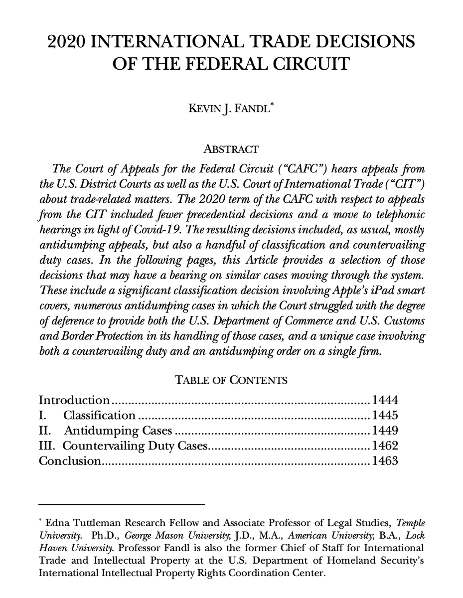 We're also thrilled to welcome back Prof. <a href="/kfandl/">Kevin Fandl</a> for his review of international trade law decisions before the Federal Circuit in 2020: check it out! aulawreview.org/au_law_review/…