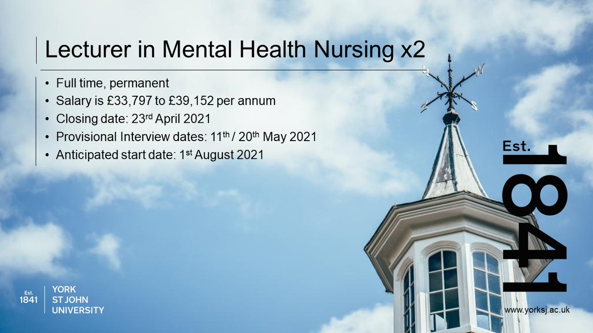 YSJUVacancies's tweet photo. There is still time to apply for our Lecturer in Mental Health Nursing role!  Closes at midnight on 23rd April 2021.

For further information please visit our website https://t.co/llZhj8K96f https://t.co/K4vNvjZHib