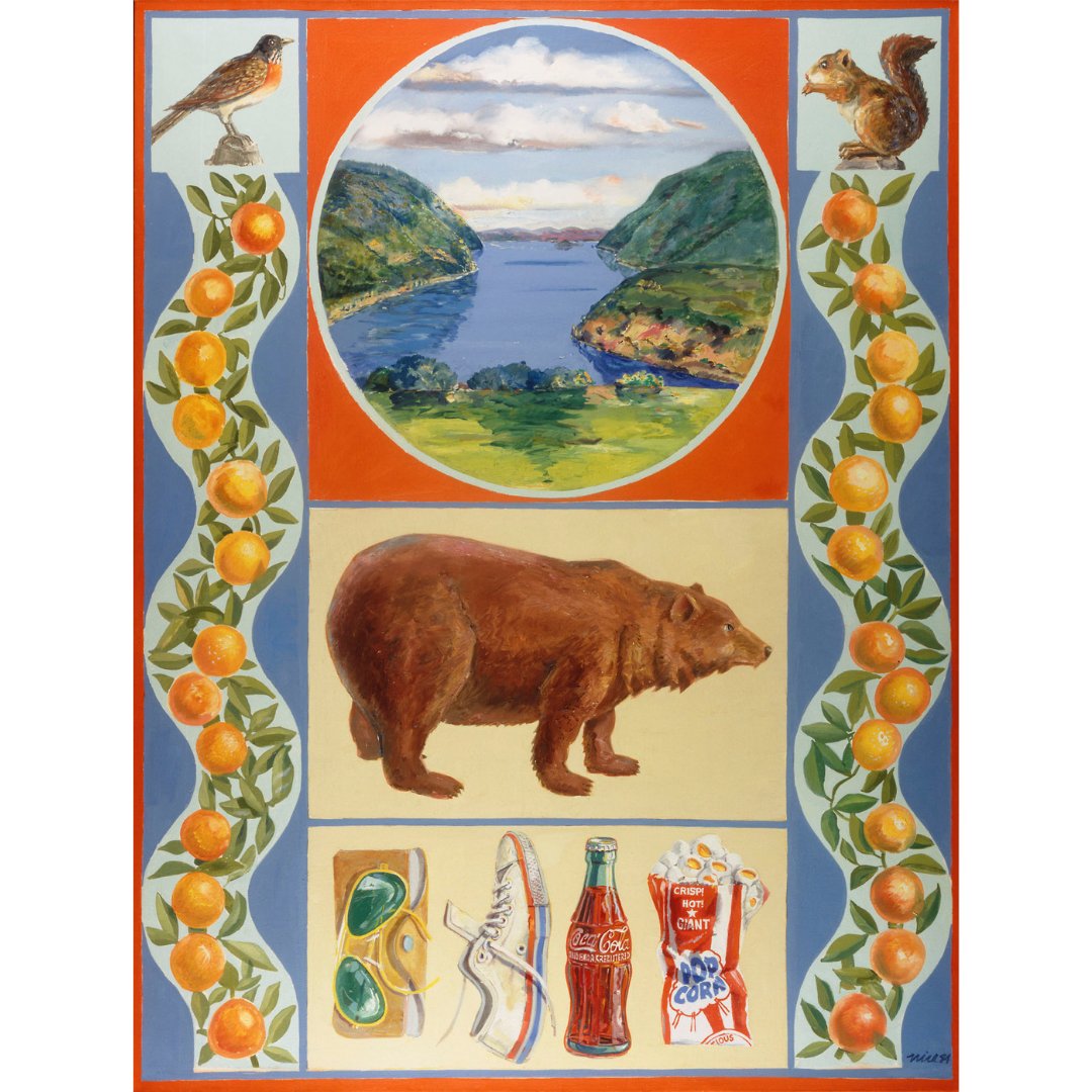 AlbanyInstitute's tweet photo. For #EarthWeek, we're sharing works that explore art + the environment. "Bear Totem" (1984) by Don Nice is part of his Hudson River series. He frequently painted the #HudsonRiver + these images juxtapose nature + manufactured products. [oil on canvas, 1991.62] #AlbanyNY #DonNice https://t.co/tbWl0gaEsq