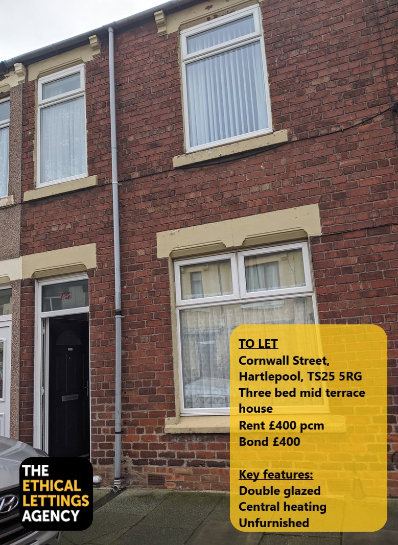 Property to let.

A lovely three bed property to let in Hartlepool. 

Rent £400pcm. 

For more information contact the team on 01642 484845 contacts@ethicallettingsagency.co.uk. 

bit.ly/3vOvFIU