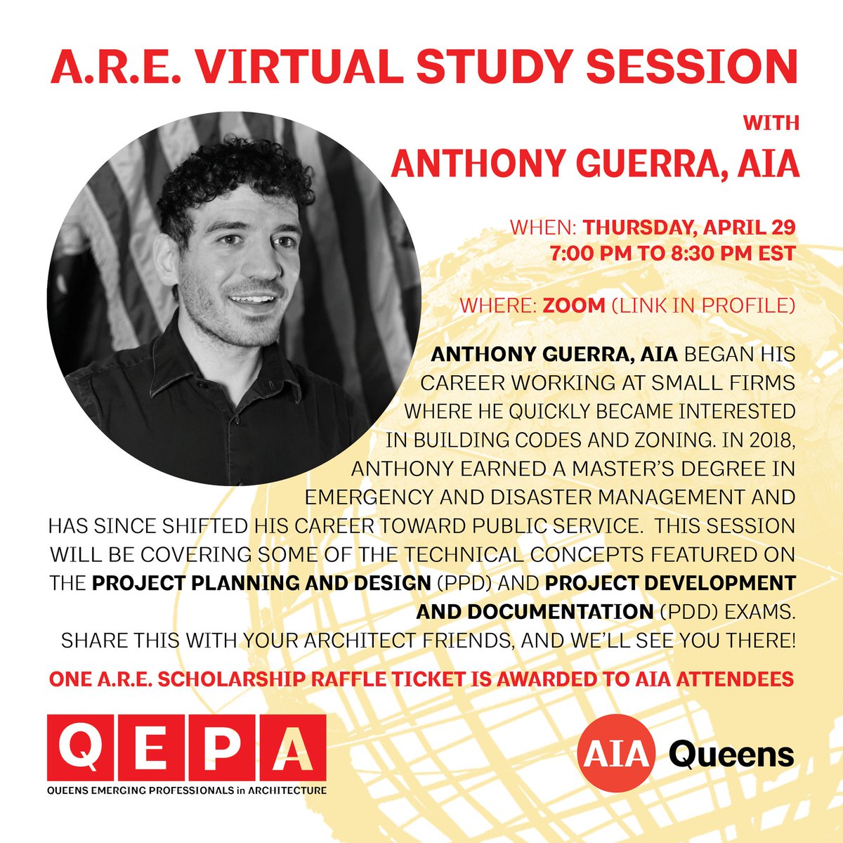 Thursday, April 29, 2021
7:00 - 8:30 PM
Virtual via Zoom
Free
LINK IN BIO

Join us for our monthly ARE Study Session as we welcome Anthony Guerra to lead our study session on technical concepts related to PPD and PDD and he will also share about NCARB protocols. #AREStudy #QEPA