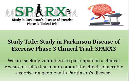 UTMB_RehabSci's tweet photo. The Study in Parkinson's Disease of Exercise Phase 3 Clinical Trial (#SPARX3): We are seeking volunteers to participate in a clinical research trial to learn more about the effects of aerobic exercise on people with Parkinsonβs disease. Learn more: https://t.co/pXKXXz15Q6 #CeRPAN https://t.co/qPxGY3kbAj