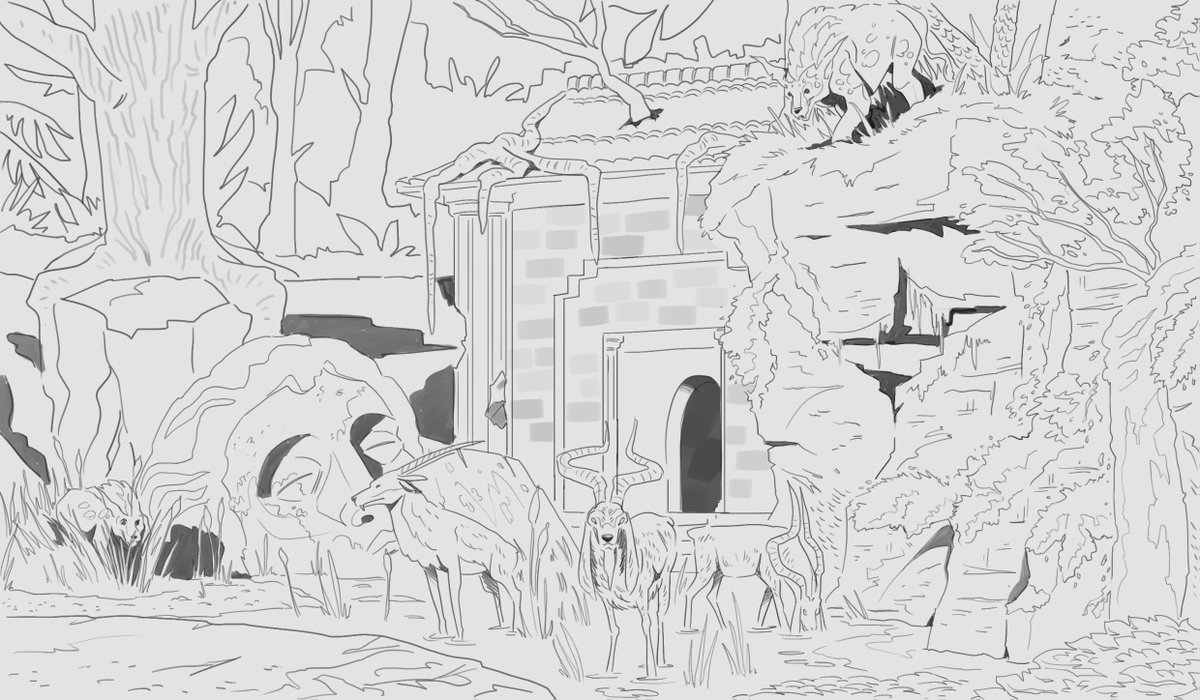 CallumDare's tweet photo. A work in progress, looking forward to colouring this one! #illustration #conceptart #fantasy #wildlife #forest #nature #ruins #drawing #sketch https://t.co/9mMZkOhjaY