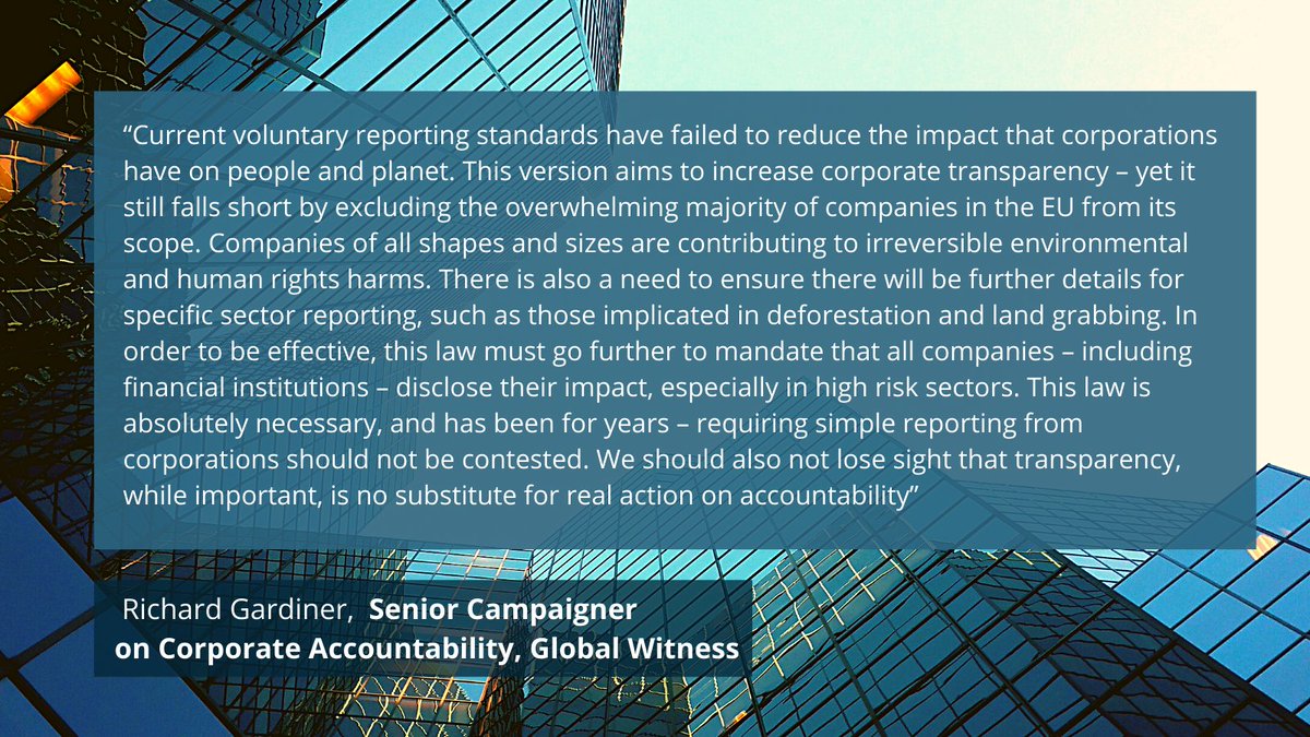 @Global_Witness calls for all companies to disclose according to #CSRD & EU sustainability standards. Transparency is important but more action is needed on accountability (keep an eye on @EU_JUSTICE work on corporate due diligence) ℹ️ bit.ly/3xfARpO