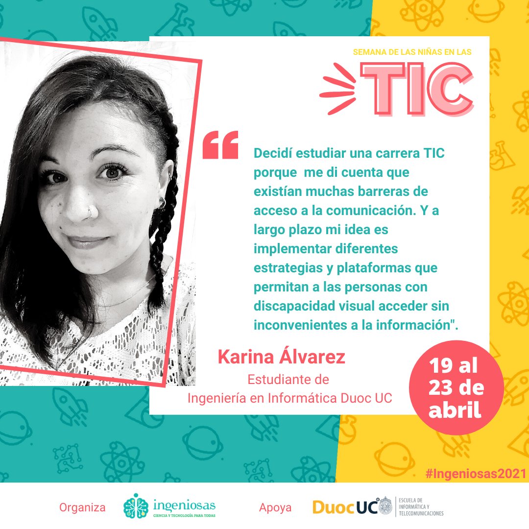 Duoc UC (@duocuc) on Twitter photo ¡Hoy es el #DíadelasNiñasenlasTIC! 👩💻 El Programa <a href="/mas_tics/">#MasMujeresEnLasTICs Duoc UC</a> de <a href="/EscuelaITDuocUC/">EscuelaITDuocUC</a> e <a href="/ingeniosas_cl/">Fundación Ingeniosas</a> invita a todas las niñas y jóvenes a seguir descubriendo una vida profesional en el creciente campo de las Tecnologías de la Información y Comunicación. #Ingeniosas2021 #GirlsinICT ¡Hoy es el #DíadelasNiñasenlasTIC! 👩💻 El Programa <a href="/mas_tics/">#MasMujeresEnLasTICs Duoc UC</a> de <a href="/EscuelaITDuocUC/">EscuelaITDuocUC</a> e <a href="/ingeniosas_cl/">Fundación Ingeniosas</a> invita a todas las niñas y jóvenes a seguir descubriendo una vida profesional en el creciente campo de las Tecnologías de la Información y Comunicación. #Ingeniosas2021 #GirlsinICT