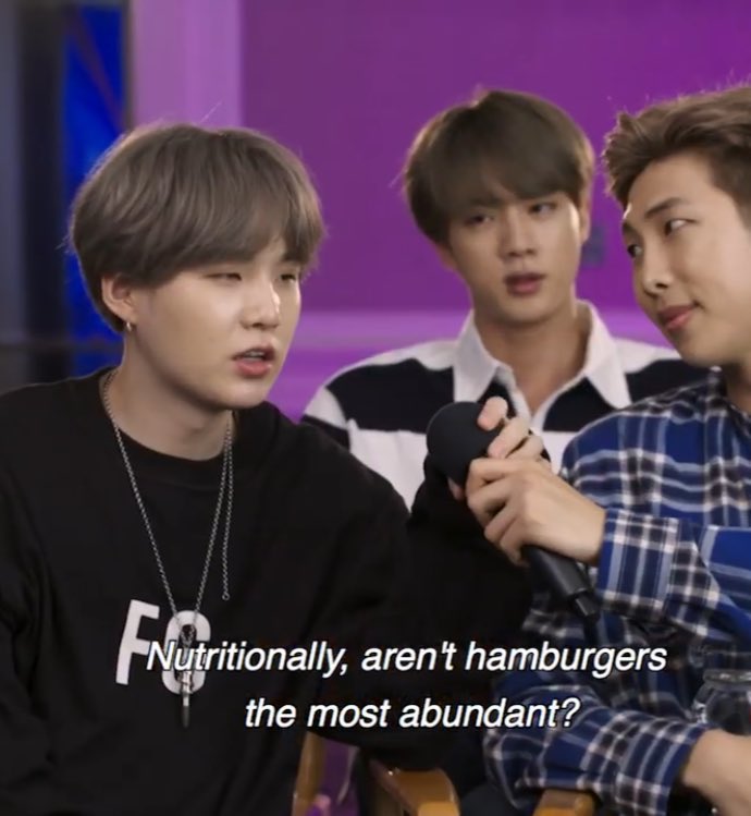 yoongi trying to whey out the fact that junk food is actually nutritious i love him so much help-