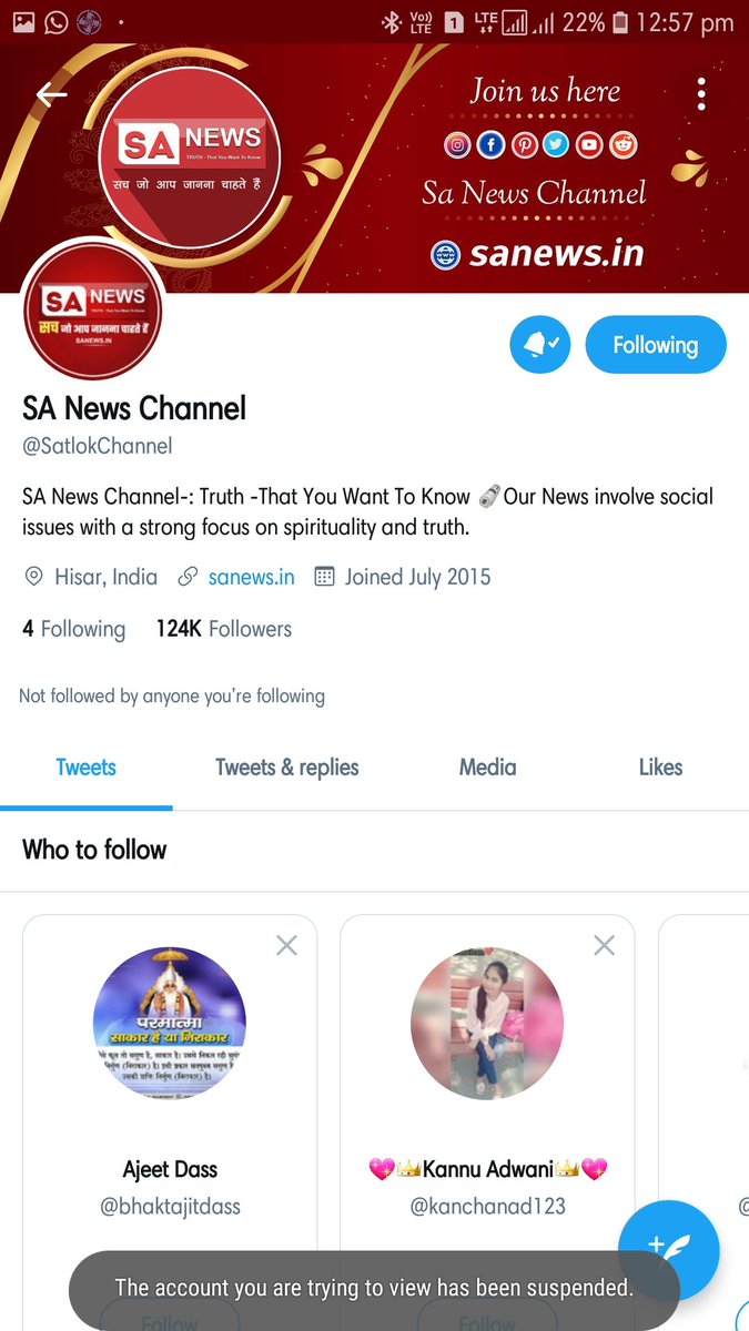 Hello @TwitterIndia @TwitterSupport
You have suspended both these accounts, while no wrongful activity has been done by these two accounts nor your rules have been broken. So
<a href="/SaintRampalJiM/">Sant Rampal Ji Maharaj</a> &amp; <a href="/SatlokChannel/">SA News Channel</a>
   Unsuspend IDs