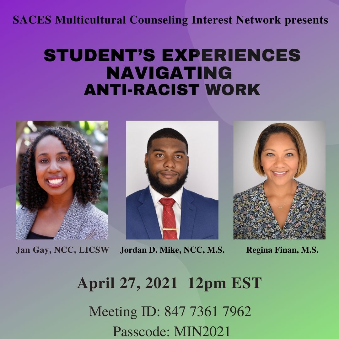 DrJan_Gay's tweet photo. Excited to join @counselorjmike and Regina Finan for the SACES Multicultural Interest Network Panel on April 27th to talk about anti-racist work as doctoral students. @POC_CE @SACES31 @BlackInMH @BlackWomenPhDs https://t.co/SmXJAlKGIX