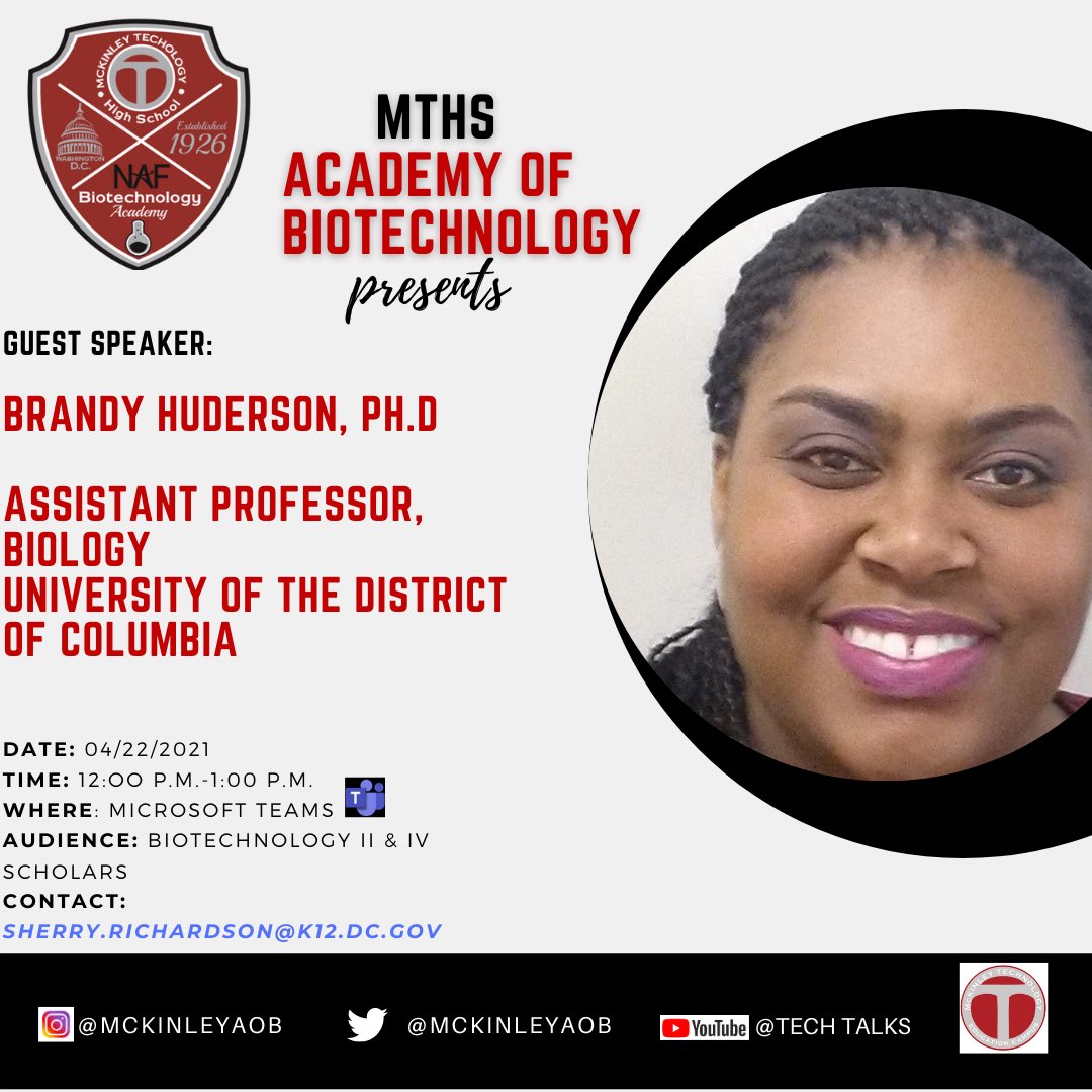 <a href="/MckinleyAOB/">McKinley AOB</a> scholars will hear from Assistant Professor of Biology <a href="/udc_edu/">University of the District of Columbia (UDC)</a> Dr. Brandy Huderson! We appreciate learning from your STEM journey! <a href="/NAFCareerAcads/">NAF</a> <a href="/STEMDCPS/">STEM@DCPS</a> ⁦<a href="/DCCollegeCareer/">DCPSCollegeCareerEd</a>⁩